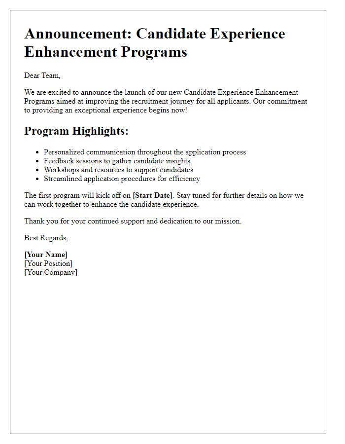 Letter template of announcement for candidate experience enhancement programs