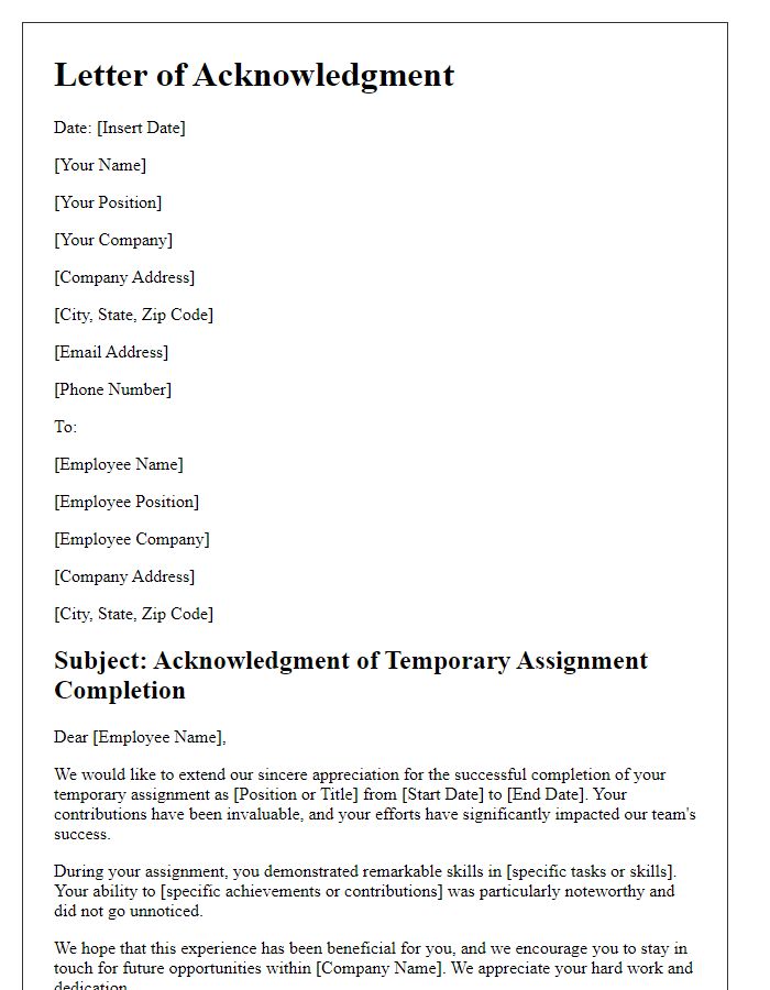 Letter template of acknowledgment for temporary assignment completion