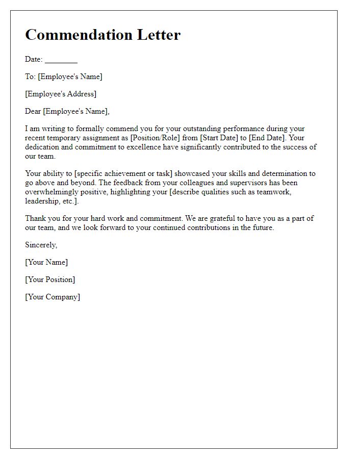 Letter template of commendation for temporary assignment achievement