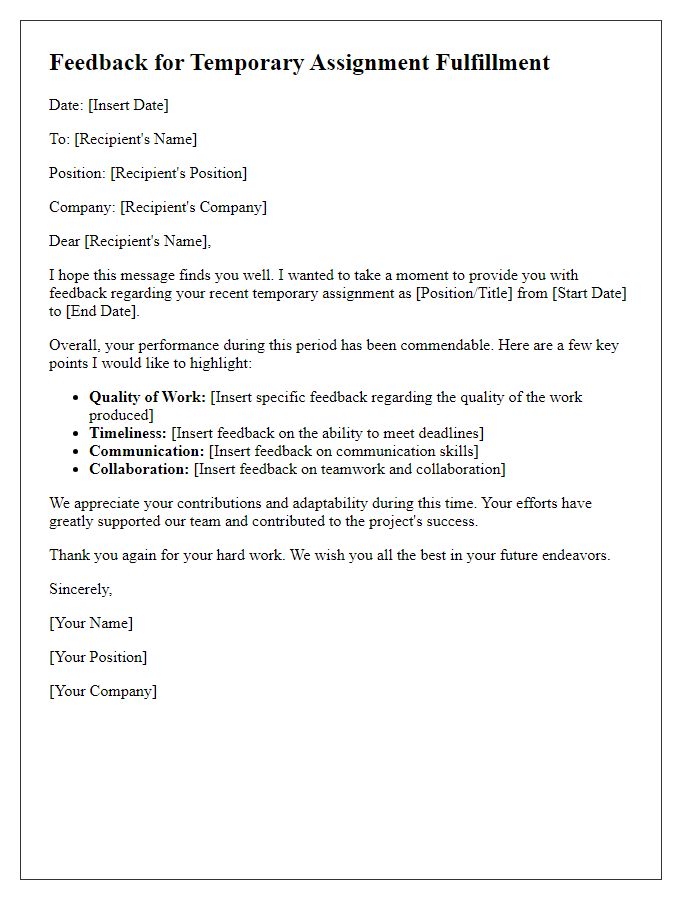 Letter template of feedback for temporary assignment fulfillment