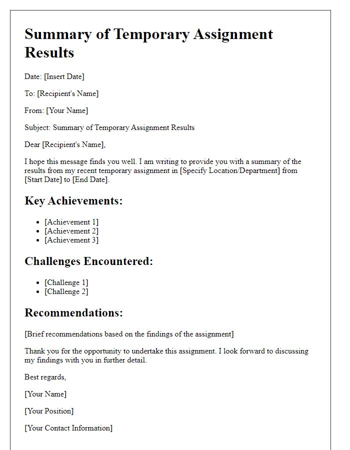 Letter template of summary for temporary assignment results