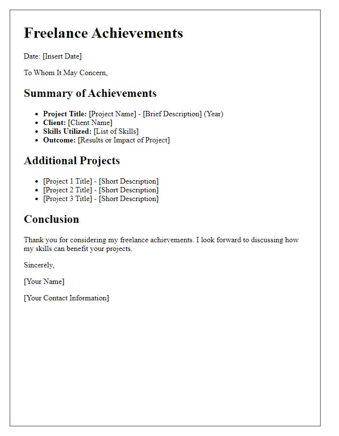 Letter template of freelance achievements list