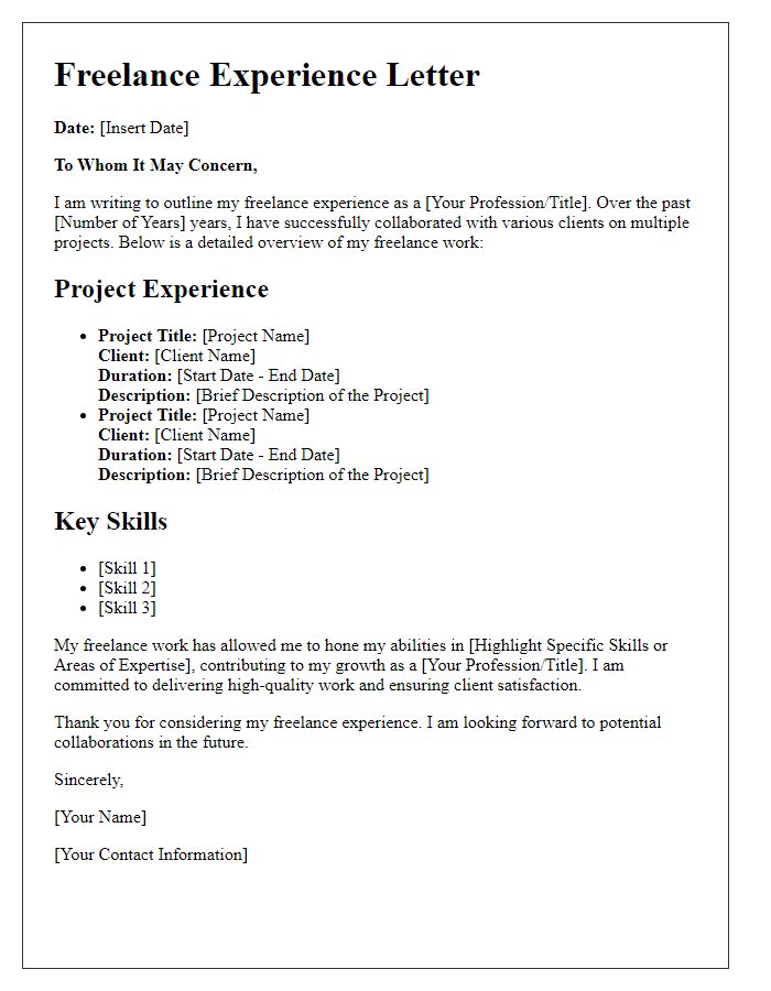 Letter template of freelance experience outline