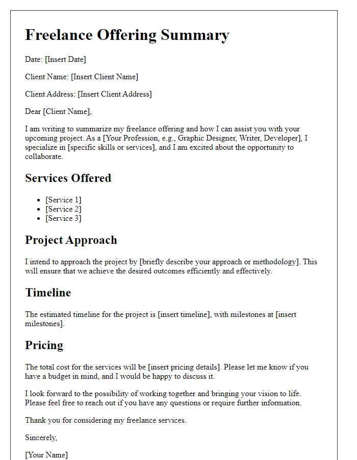 Letter template of freelance offering summary