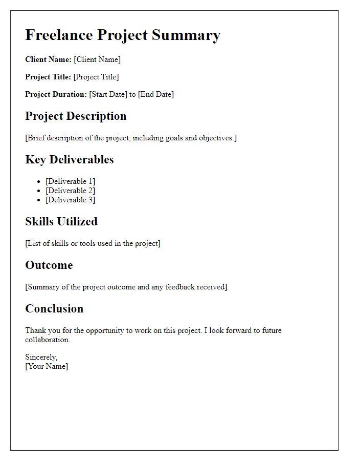 Letter template of freelance project summaries