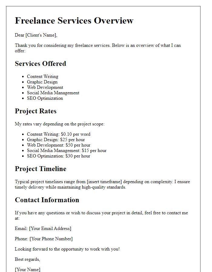 Letter template of freelance services overview