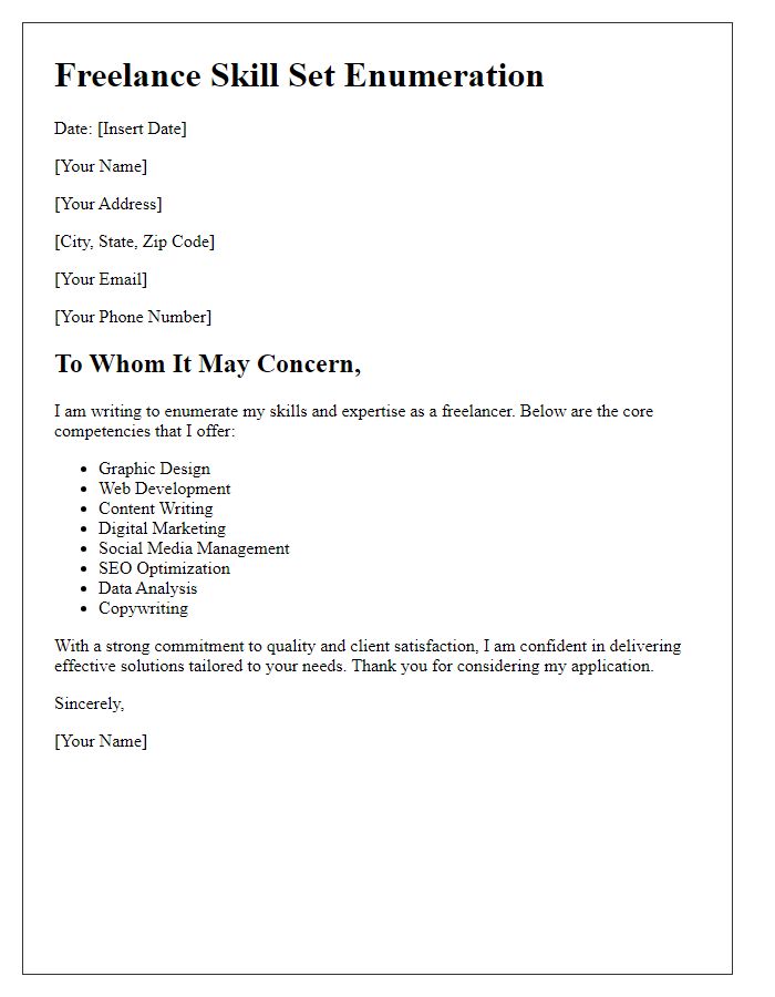 Letter template of freelance skill set enumeration