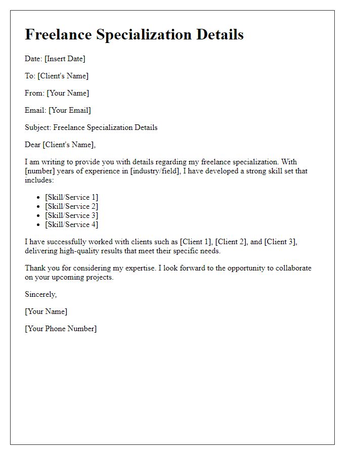 Letter template of freelance specialization details