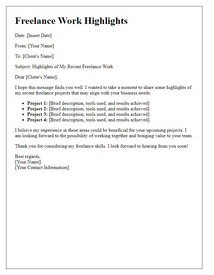 Letter template of freelance work highlights