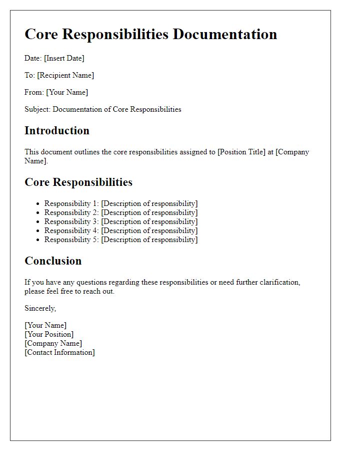 Letter template of core responsibilities documentation