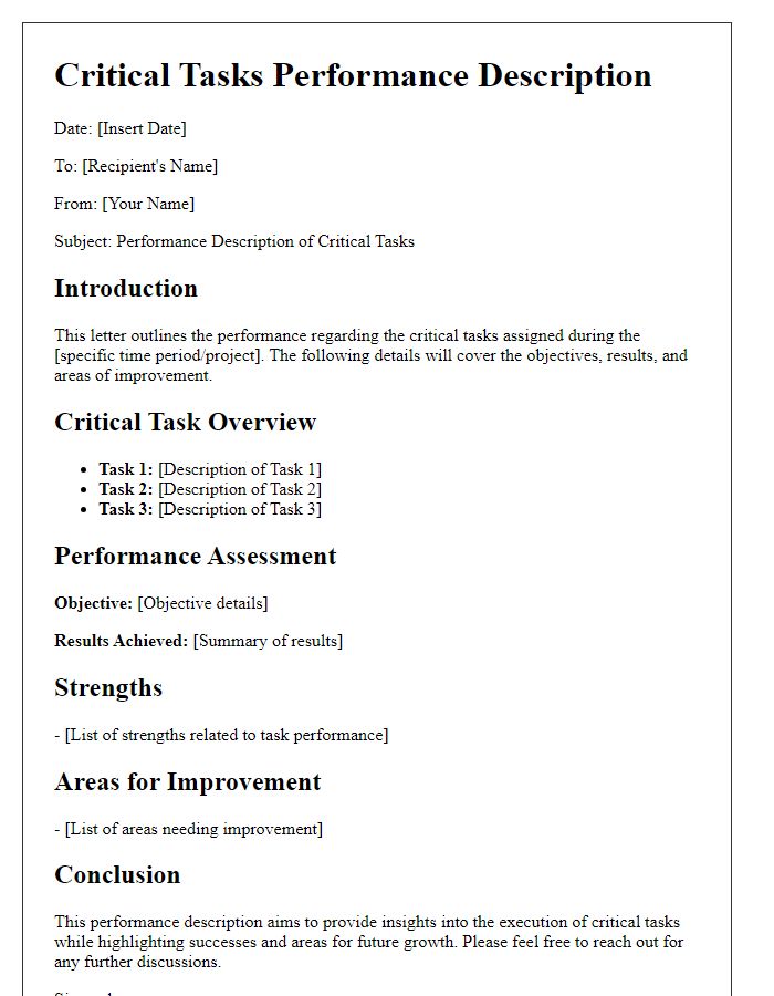 Letter template of critical tasks performance description