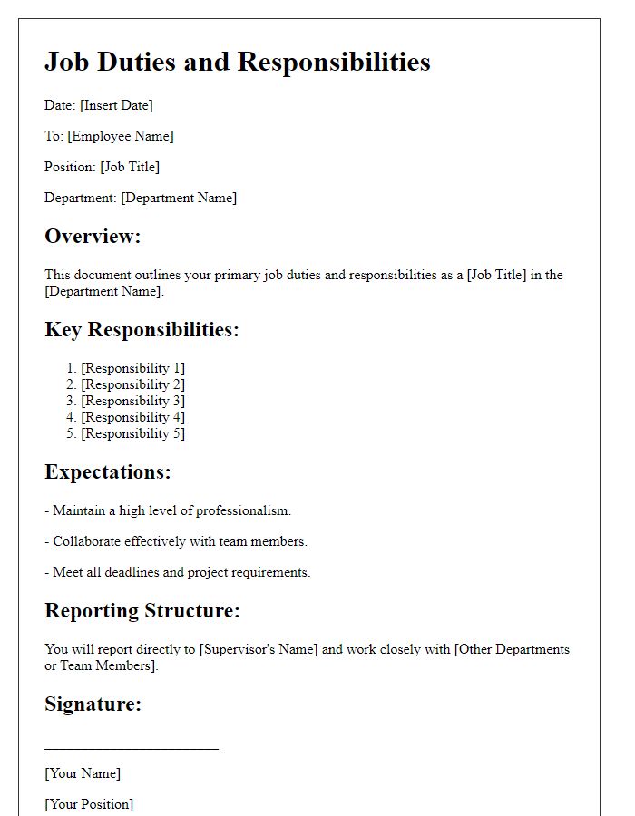 Letter template of job duties and responsibilities outline