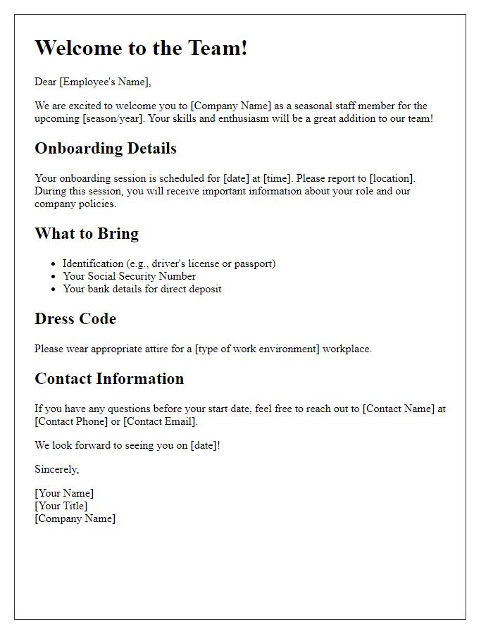 Letter template of seasonal staff onboarding