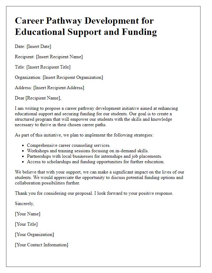 Letter template of career pathway development for educational support and funding.