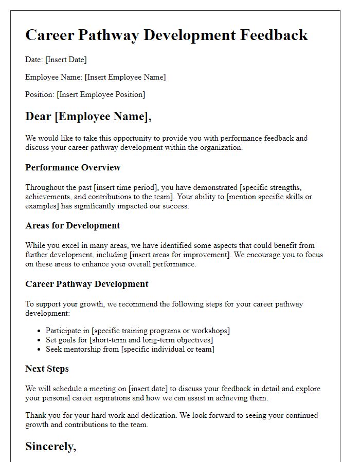 Letter template of career pathway development for employee performance feedback.