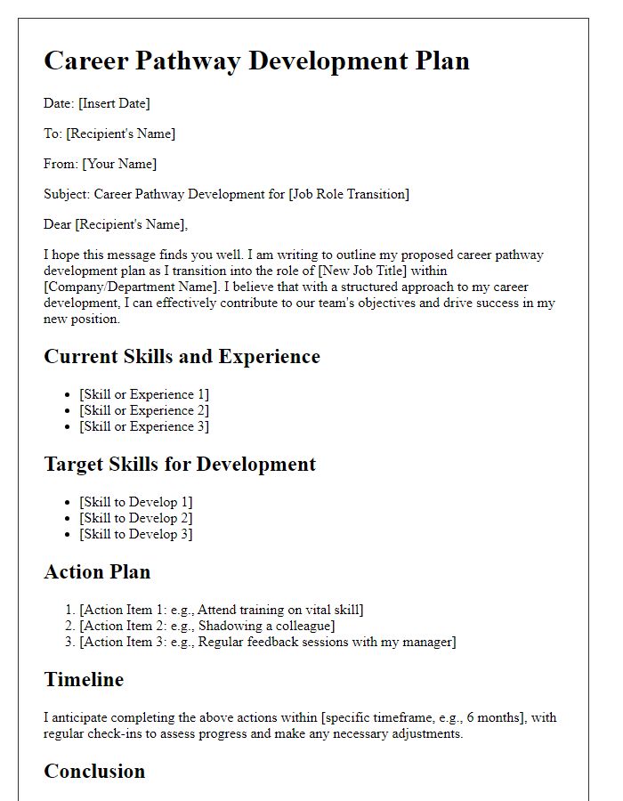 Letter template of career pathway development for job role transition.