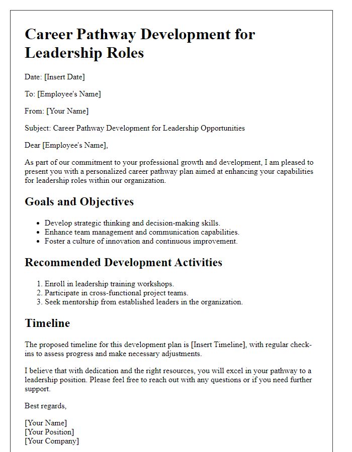 Letter template of career pathway development for leadership roles.