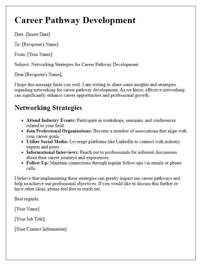 Letter template of career pathway development for networking strategies.