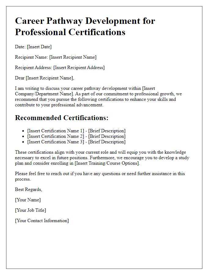 Letter template of career pathway development for professional certifications.