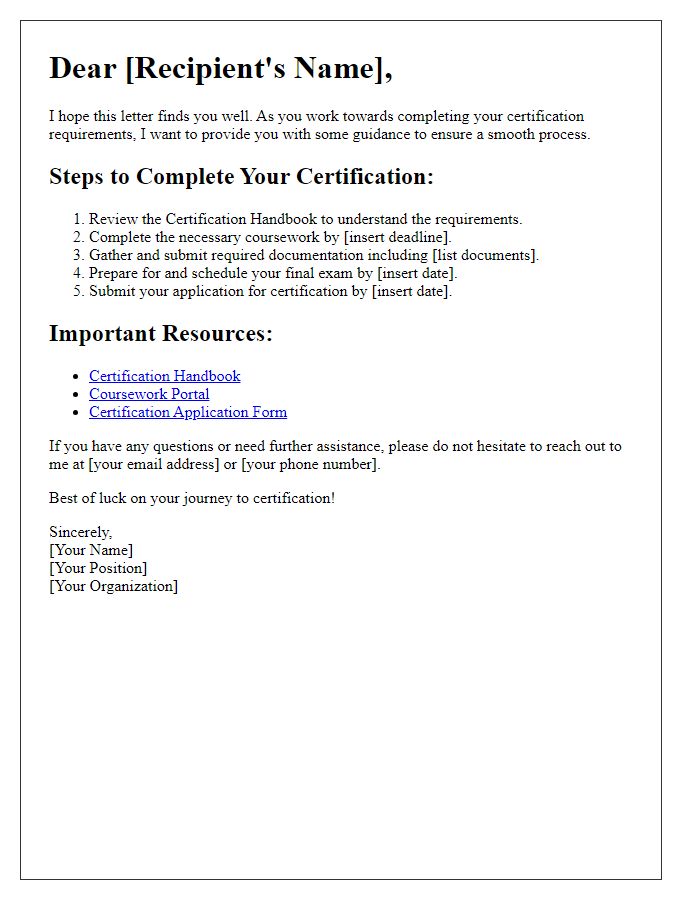 Letter template of guidance for completing certification requirements