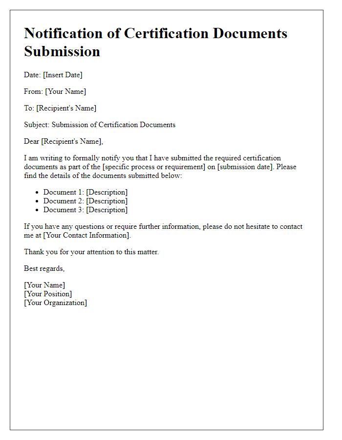 Letter template of notification for certification documents submission