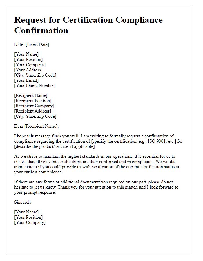 Letter template of request for certification compliance confirmation