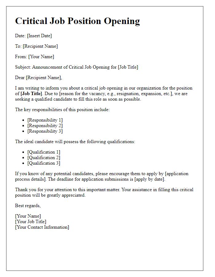 Letter template of Critical Job Position Opening