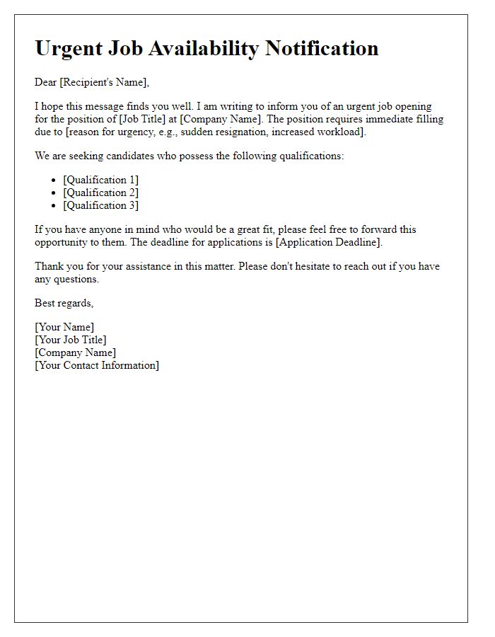 Letter template of Urgent Job Availability Communication