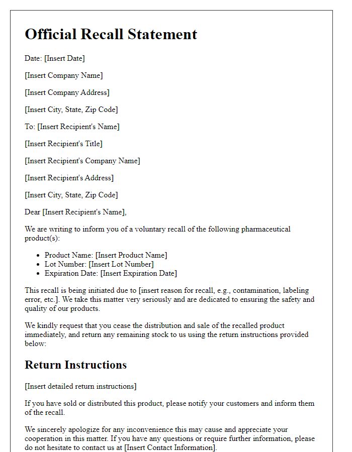 Letter template of official recall statement for pharmaceutical products