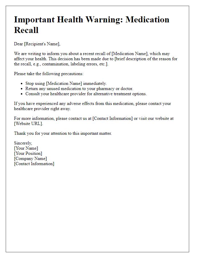 Letter template of precautionary health warning for medication recall