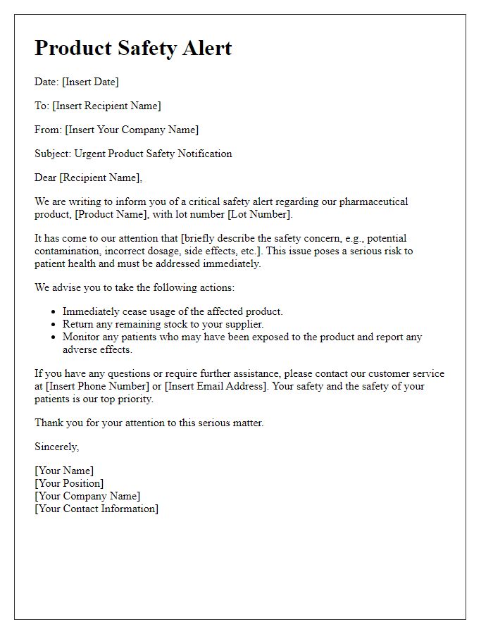 Letter template of product safety alert for pharmaceutical items