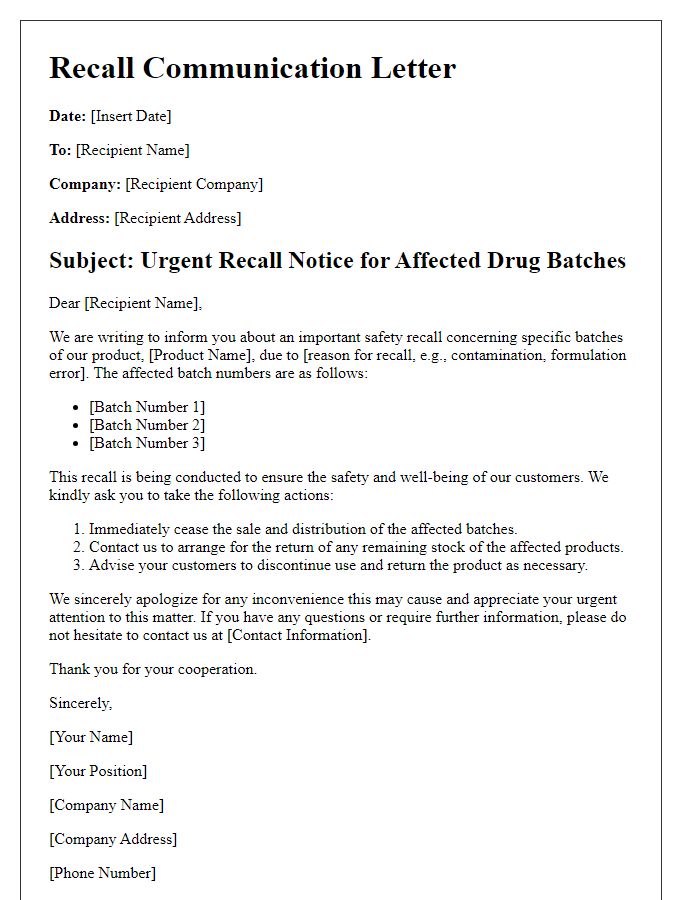 Letter template of recall communication for affected drug batches