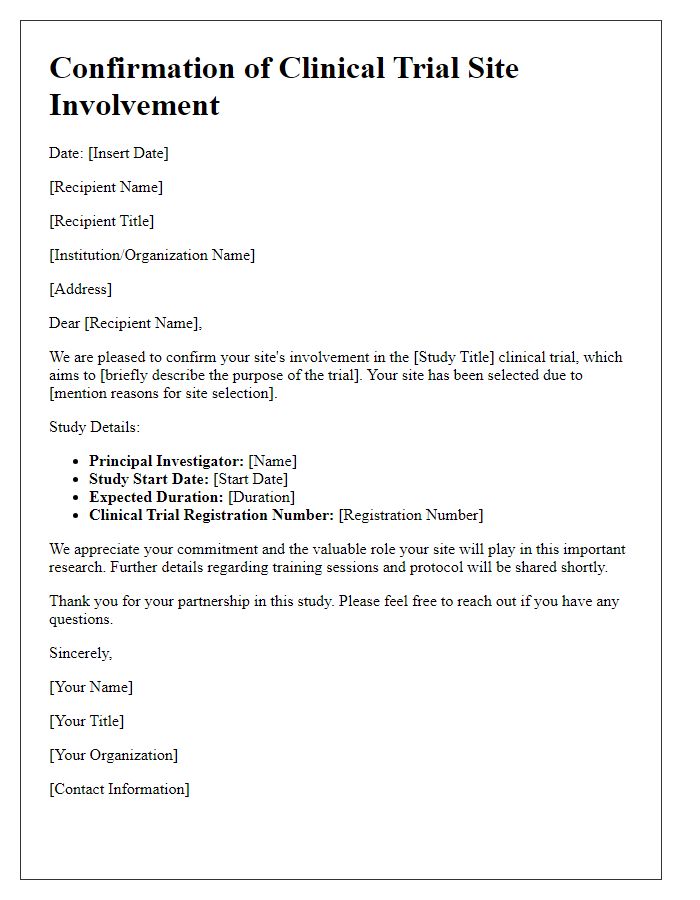 Letter template of confirmation for clinical trial site involvement