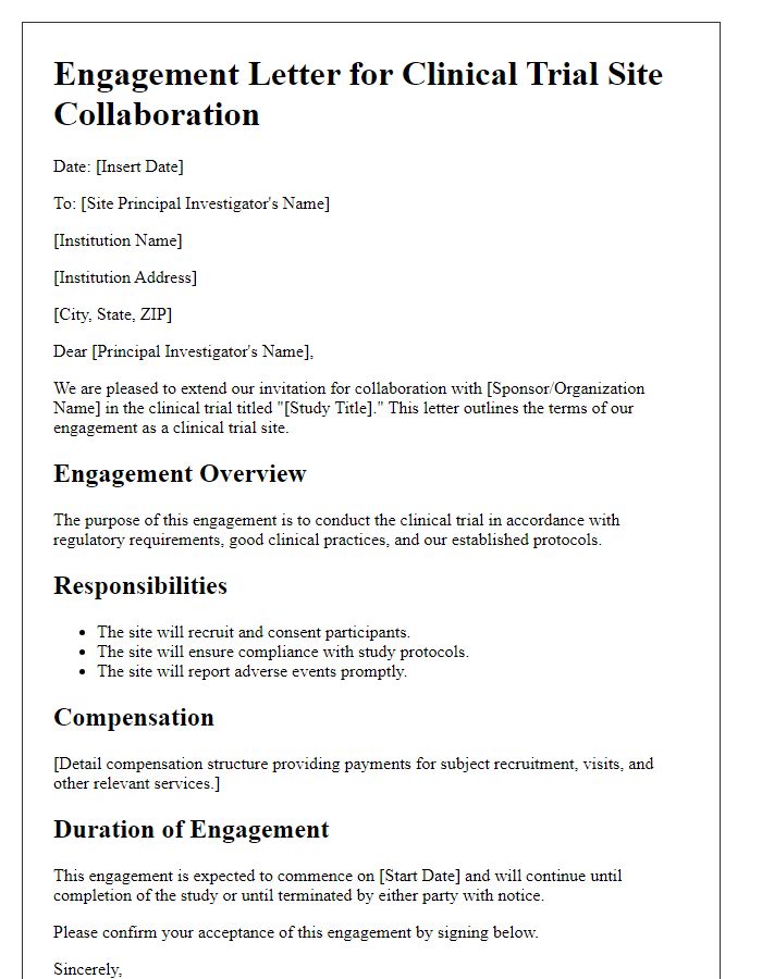 Letter template of engagement for clinical trial site collaboration