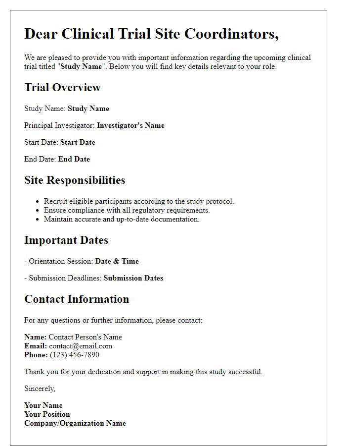 Letter template of information for clinical trial site coordinators