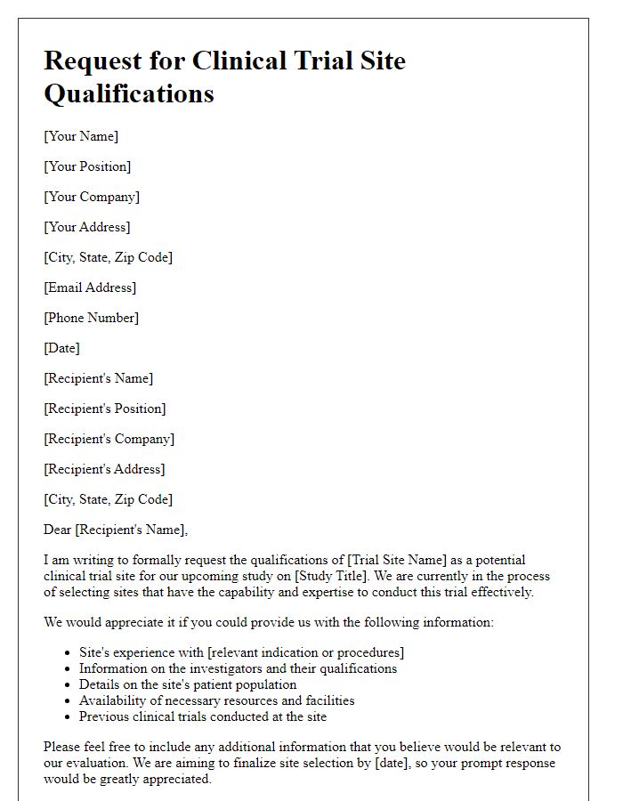 Letter template of request for clinical trial site qualifications