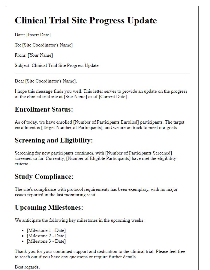 Letter template of update for clinical trial site progress