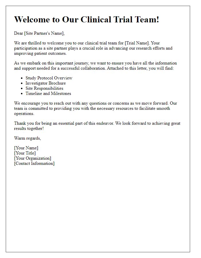 Letter template of welcome to clinical trial site partners