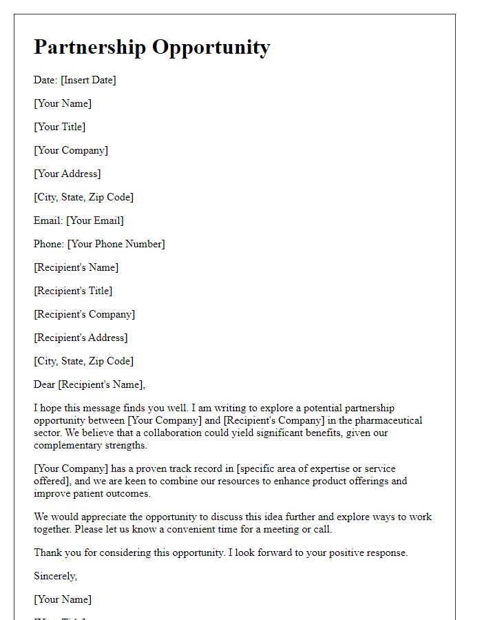 Letter template of pharmaceutical partnership opportunity