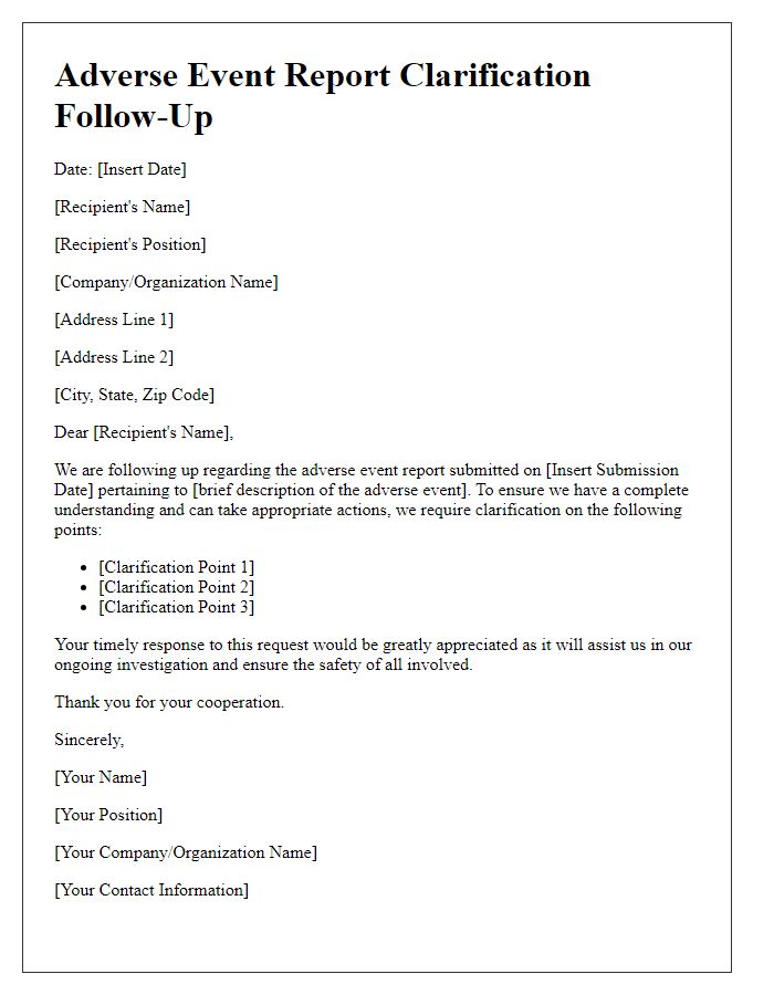 Letter template of adverse event report clarification follow-up