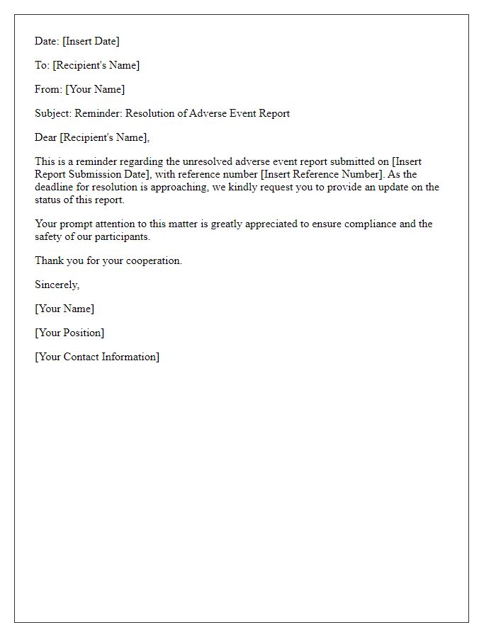 Letter template of adverse event report resolution reminder