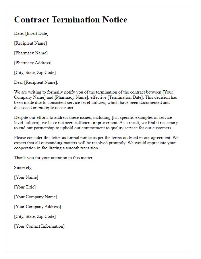 Letter template of pharmacy contract termination after service level failures