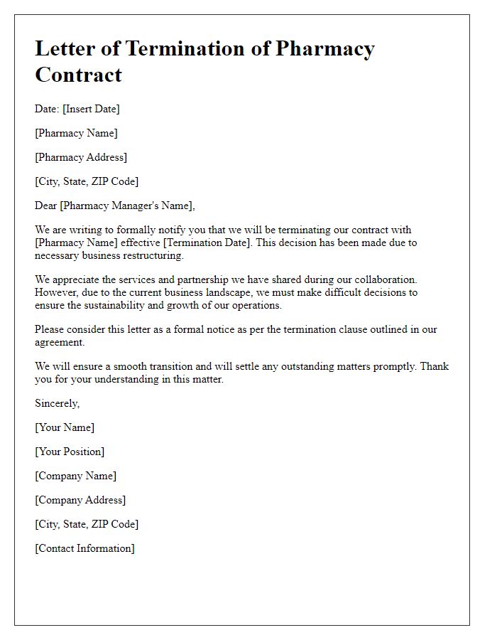 Letter template of pharmacy contract termination due to business restructuring