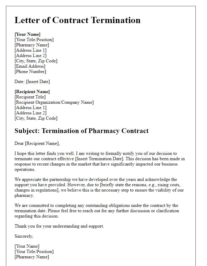 Letter template of pharmacy contract termination in response to market changes