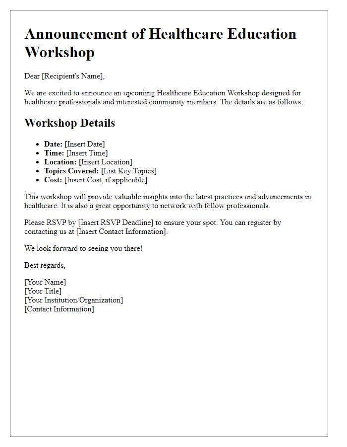 Letter template of announcement for healthcare education workshop