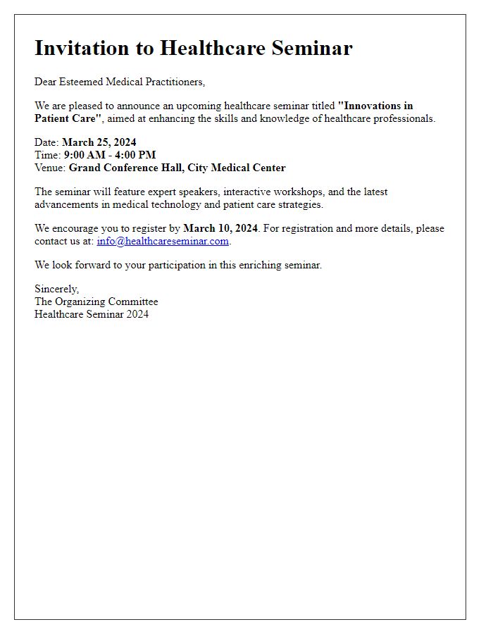 Letter template of announcement for a healthcare seminar for medical practitioners