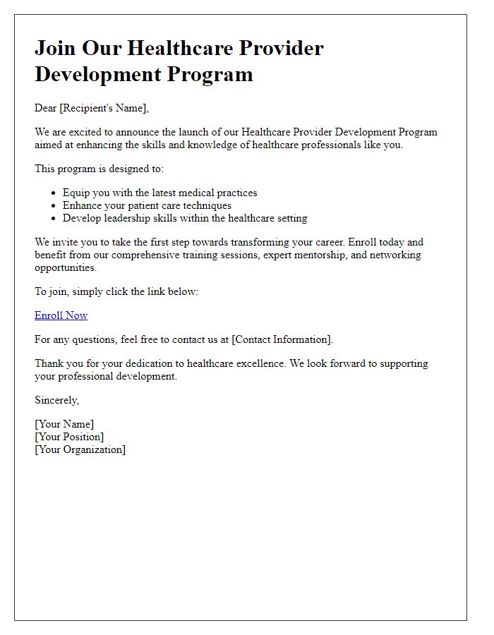 Letter template of call to action for a healthcare provider development program