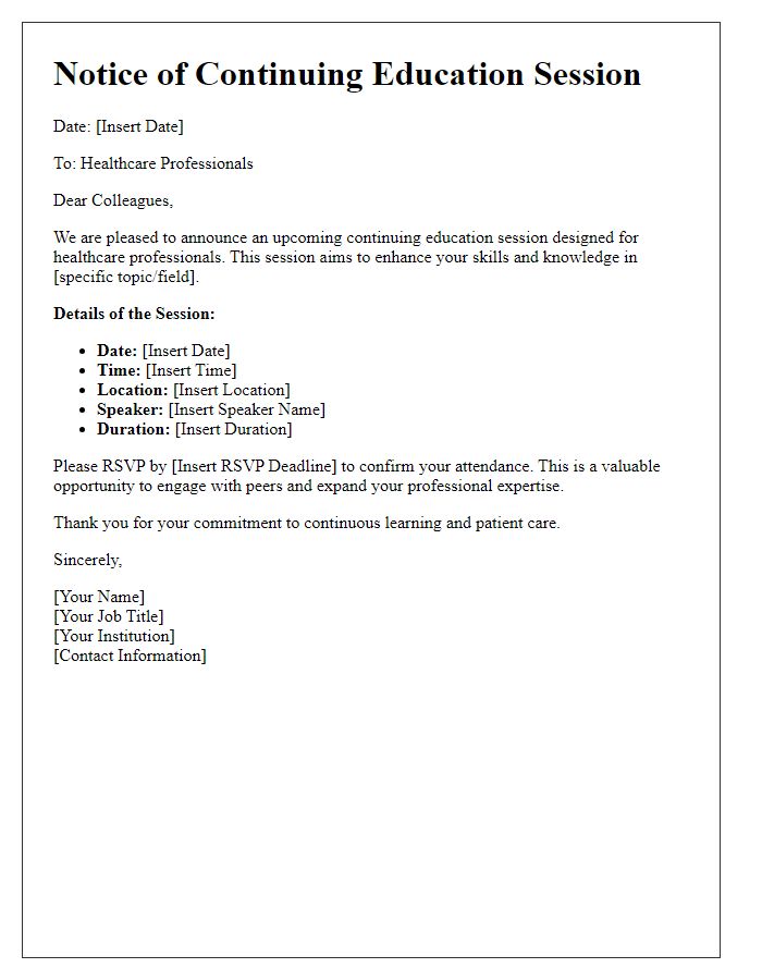 Letter template of notice for continuing education session for healthcare professionals