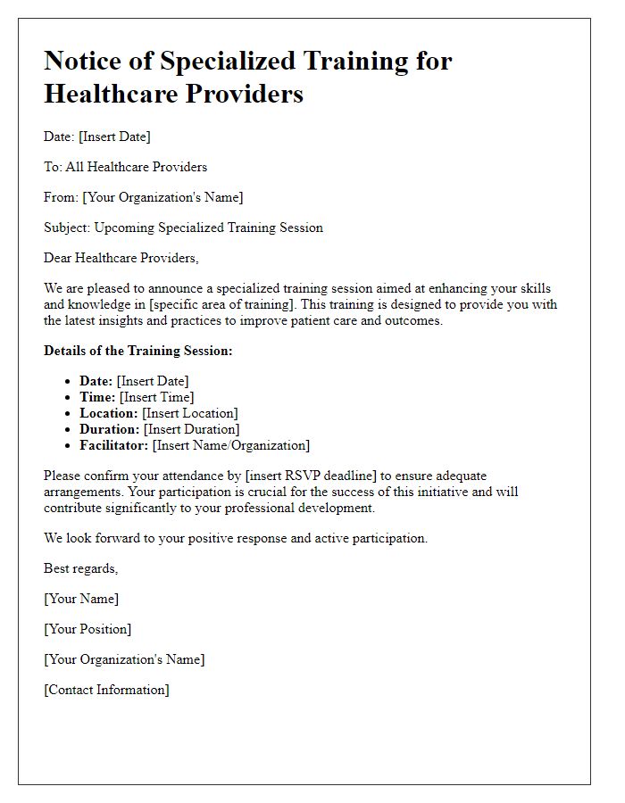 Letter template of notice for specialized training for healthcare providers