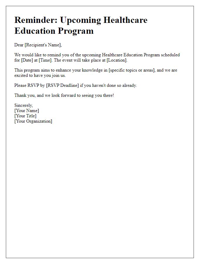 Letter template of reminder for upcoming healthcare education program